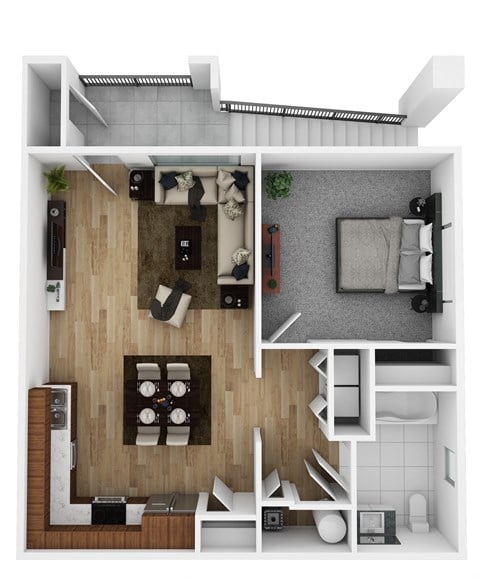 Floor plan for 1 bed, 1 bath, 728 sqft